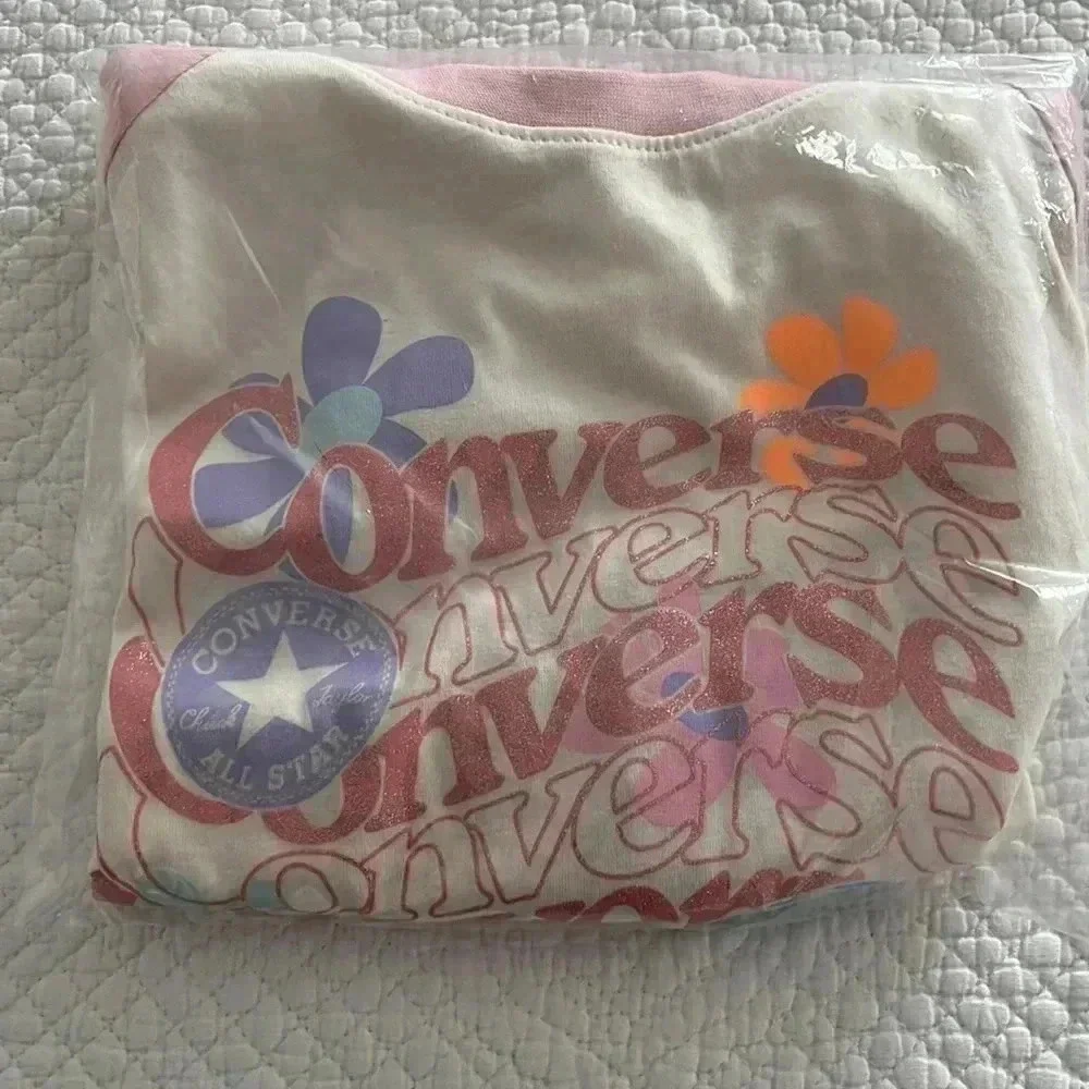 Converse‎ Cropped Graphic Tee Girls M 10-12 Pink White Boxy